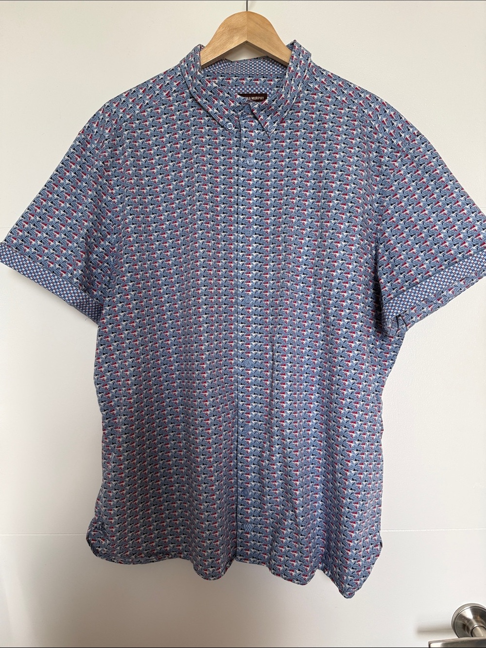 Johnston & Murphy Short-Sleeve Button-Down Shirt in Blue and Red Shark Print
